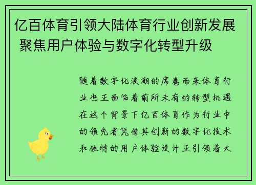 亿百体育引领大陆体育行业创新发展 聚焦用户体验与数字化转型升级